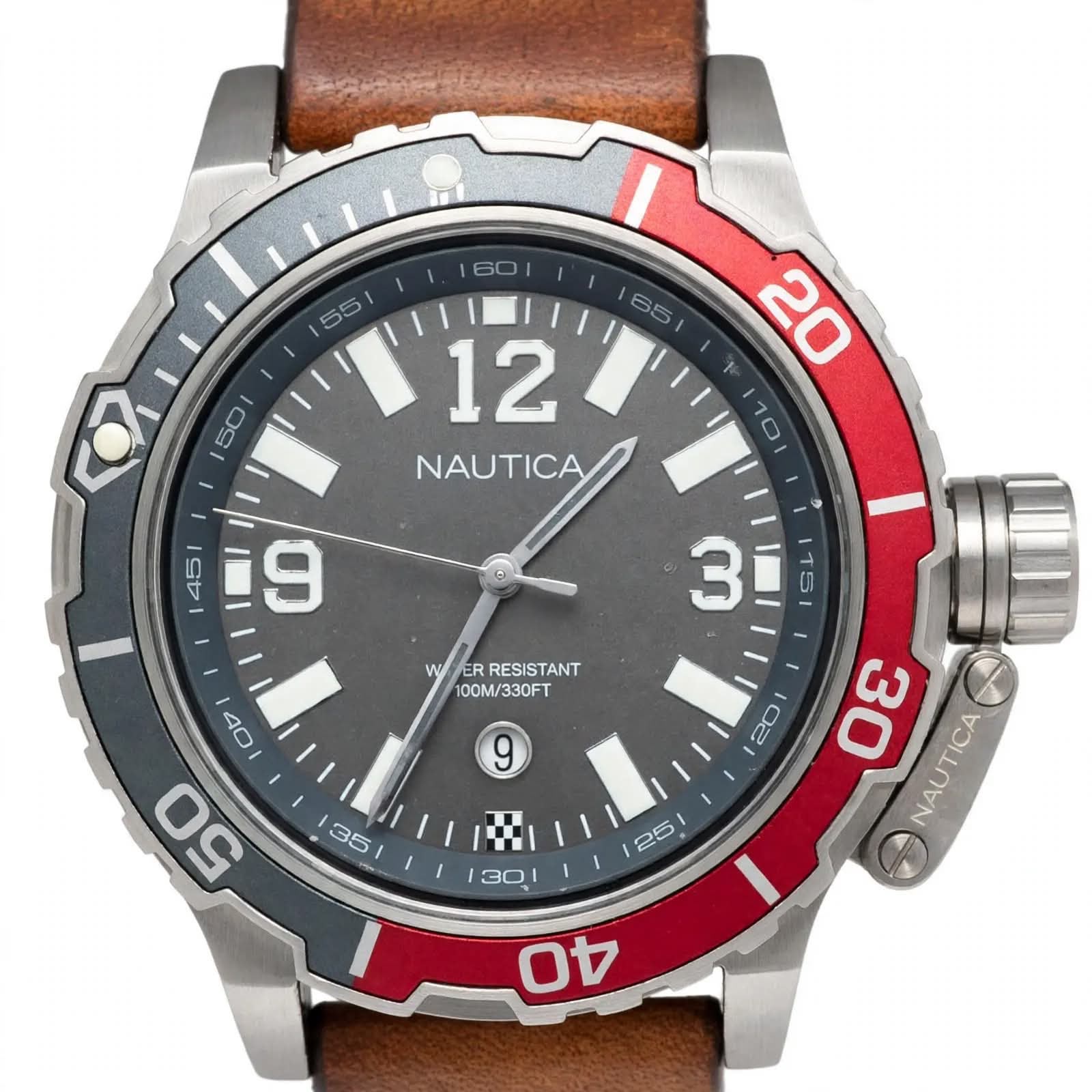 NAUTICA NAP Tower Beach Diver – Grey Dial – Red & Grey Bezel – Brown Leather Strap – 100M / 330FT – Men’s Watch