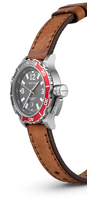NAUTICA NAP Tower Beach Diver – Grey Dial – Red & Grey Bezel – Brown Leather Strap – 100M / 330FT – Men’s Watch