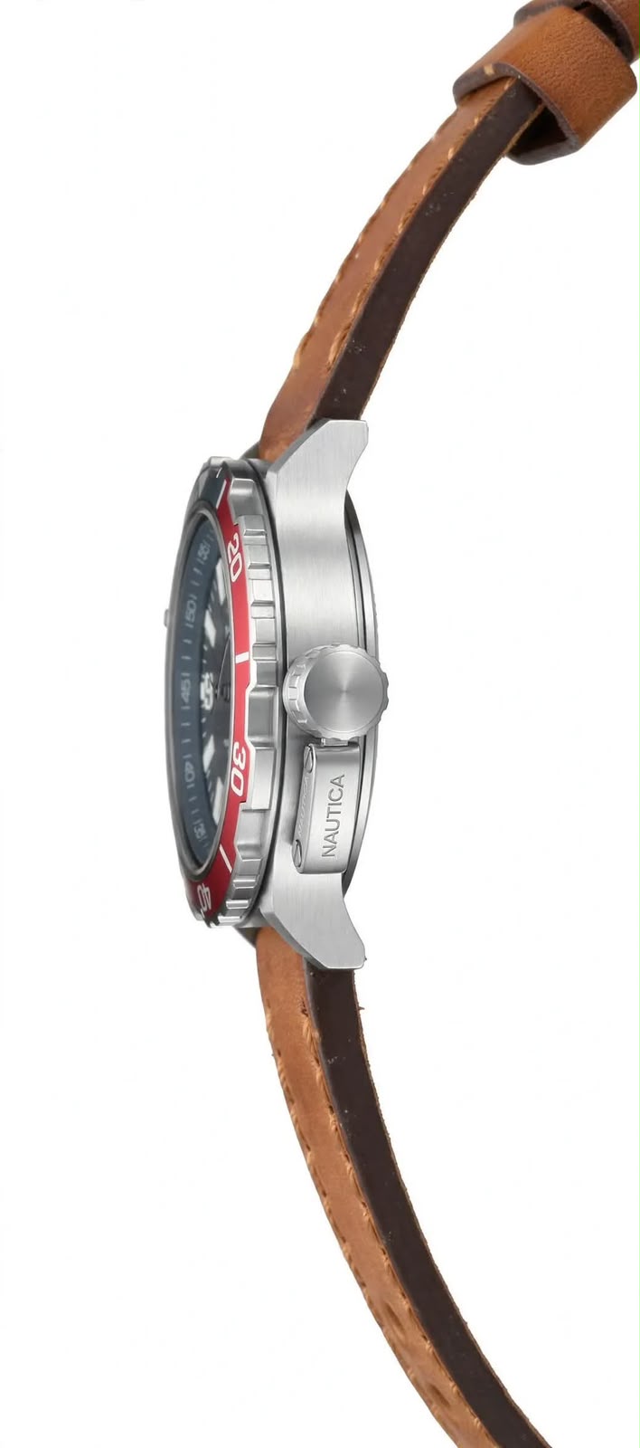 NAUTICA NAP Tower Beach Diver – Grey Dial – Red & Grey Bezel – Brown Leather Strap – 100M / 330FT – Men’s Watch