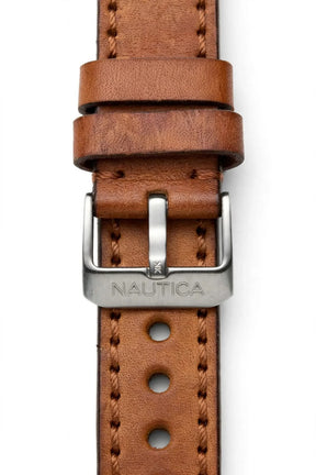 NAUTICA NAP Tower Beach Diver – Grey Dial – Red & Grey Bezel – Brown Leather Strap – 100M / 330FT – Men’s Watch