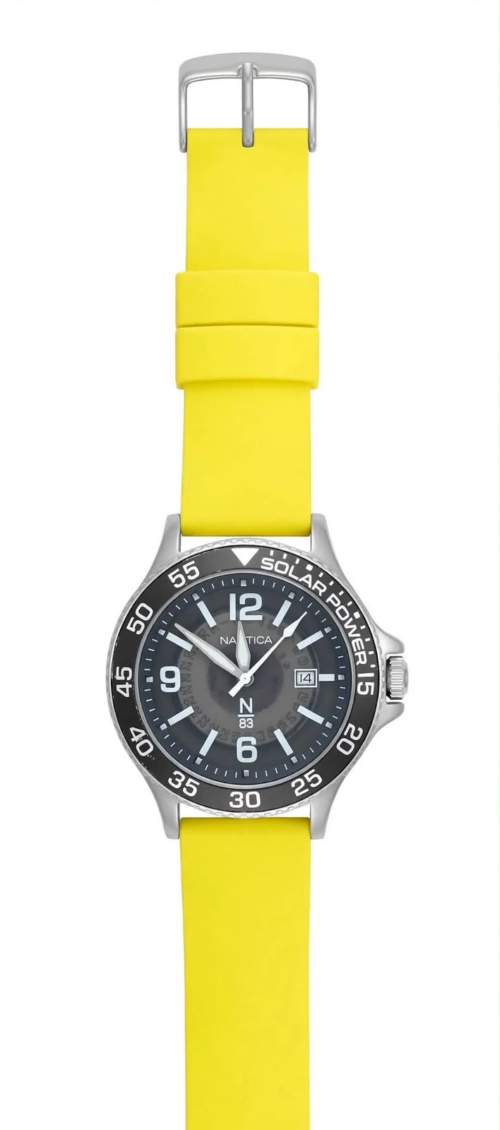 NAUTICA N83 SOLAR POWER – Charcoal Grey Dial – 12-9-6 Markers – Black Bezel – Bright Yellow Silicone Strap – Men’s Solar Watch