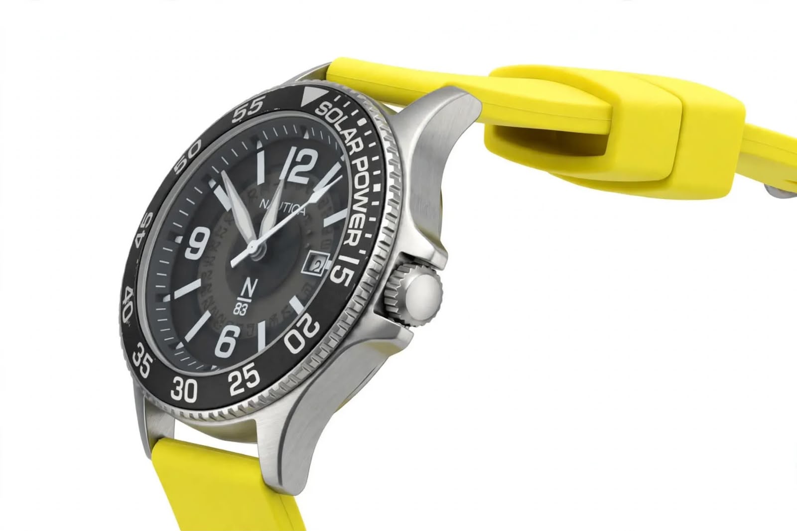 NAUTICA N83 SOLAR POWER – Charcoal Grey Dial – 12-9-6 Markers – Black Bezel – Bright Yellow Silicone Strap – Men’s Solar Watch