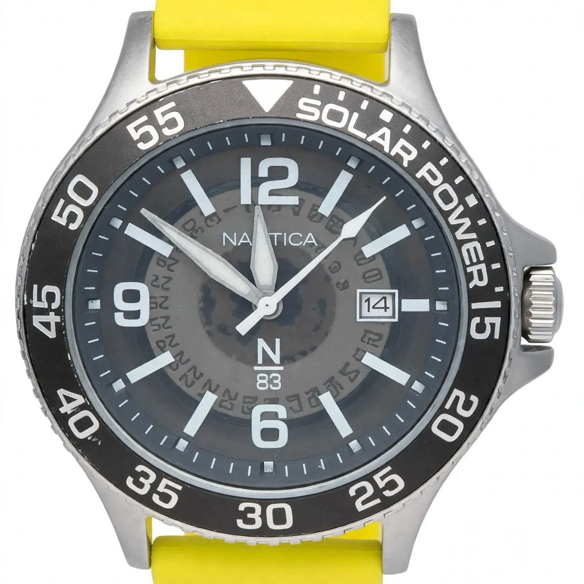 NAUTICA N83 SOLAR POWER – Charcoal Grey Dial – 12-9-6 Markers – Black Bezel – Bright Yellow Silicone Strap – Men’s Solar Watch