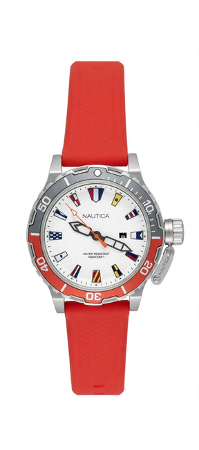 NAUTICA N-83 – White Dial with 12 Nautical Flags – Red & Grey Bezel  Red Silicone Strap – Men’s Diver Watch – 100M Water Resistant