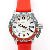NAUTICA N-83 – White Dial with 12 Nautical Flags – Red & Grey Bezel  Red Silicone Strap – Men’s Diver Watch – 100M Water Resistant