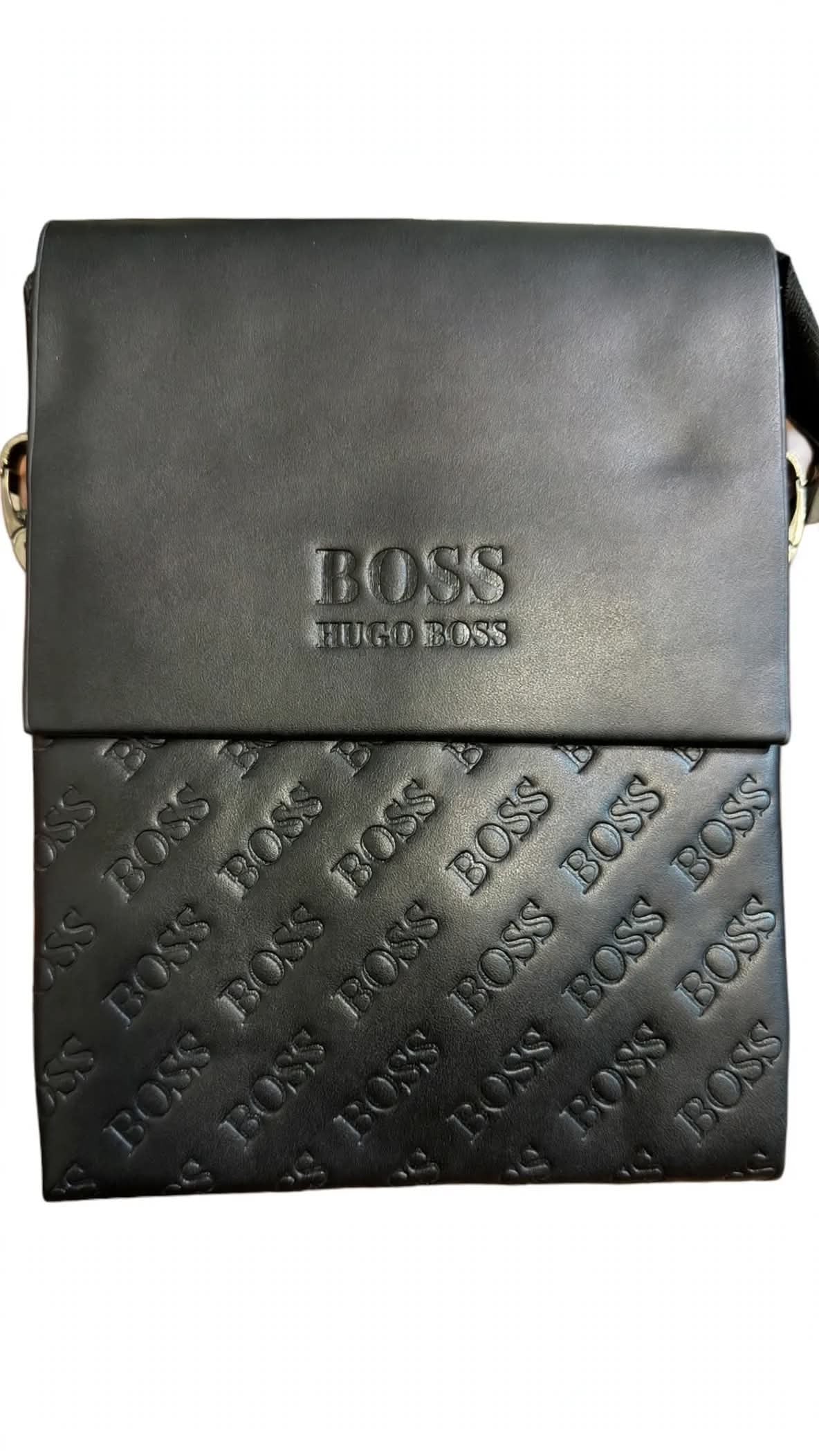 BOSS HUGO BOSS Premium Crossbody Sling Bag – All-Over Embossed BOSS Pattern – Black