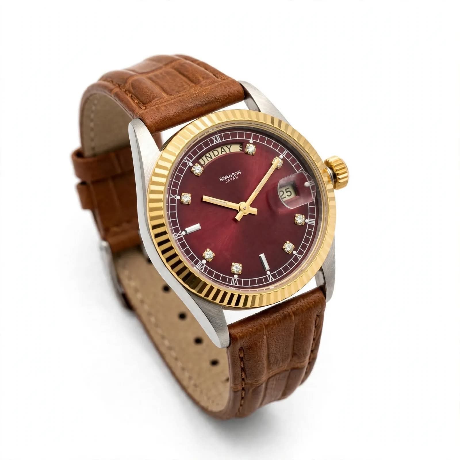 SWANSON JAPAN - Red Wine Dial - Day &amp; Date - Gold Fluted Bezel - Brown Leather - Premium Edition