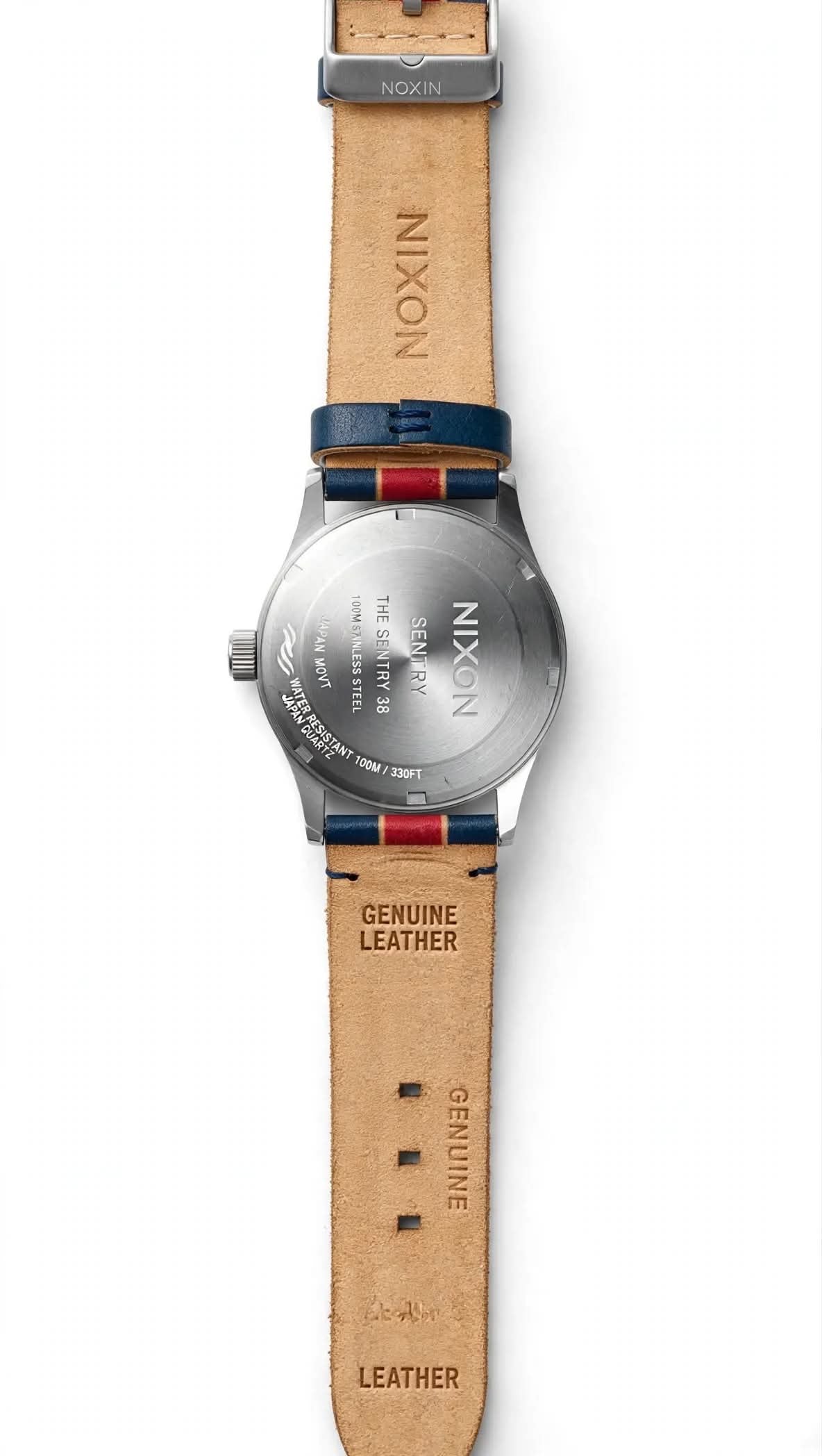 NIXON The Sentry 38 – White Dial – Navy Blue Genuine Leather Strap with Bold Red Stripe + Beige Piping – Silver Steel Case – 100M Water Resistant – Men’s Casual Leather Watch