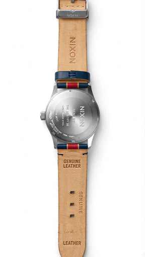 NIXON The Sentry 38 – White Dial – Navy Blue Genuine Leather Strap with Bold Red Stripe + Beige Piping – Silver Steel Case – 100M Water Resistant – Men’s Casual Leather Watch