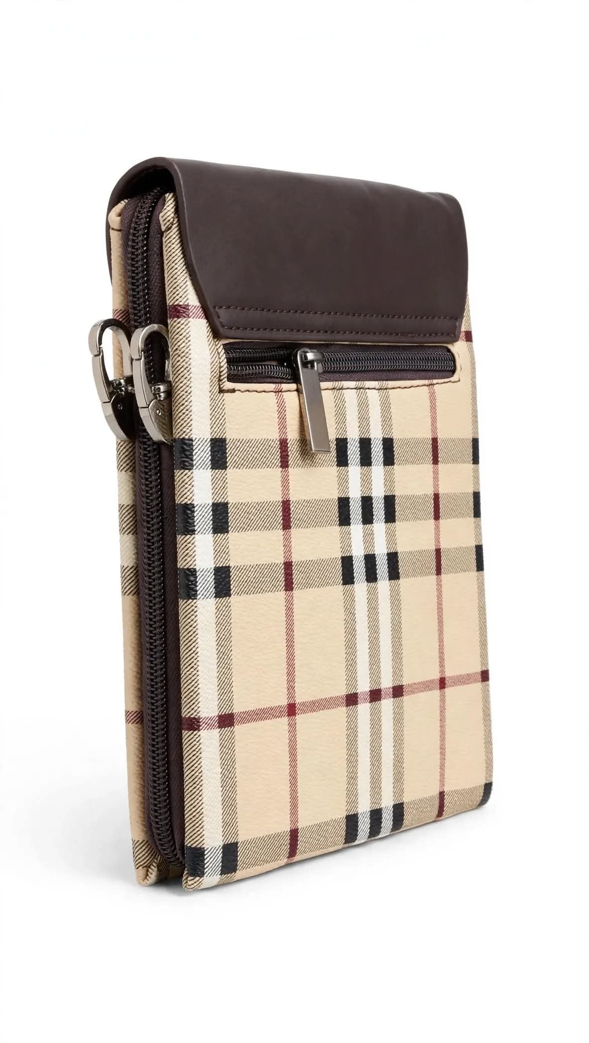 Burberry Nova Check Vertical Crossbody Pouch - Brown Leather Flap Edition
