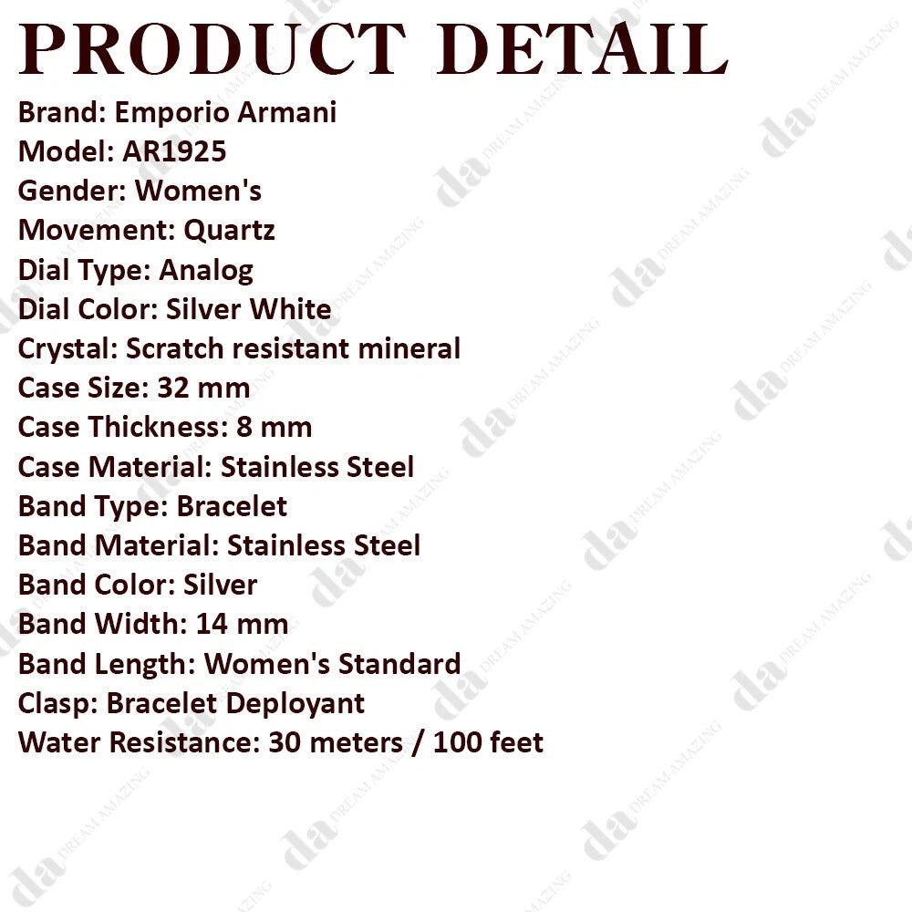 Emporio Armani AR1925 Silver White Dial Stainless Steel Bracelet Women's Watch