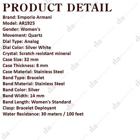 Emporio Armani AR1925 Silver White Dial Stainless Steel Bracelet Women's Watch